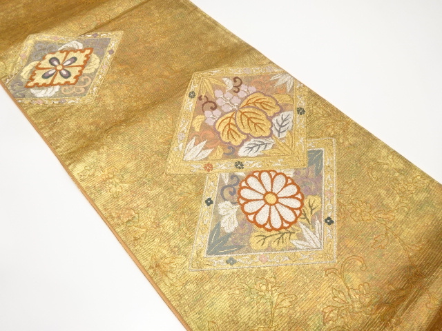 菱に桐・菊模様織り出し袋帯